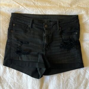 Black Denim Shorts with Distressing & Rolled Hem